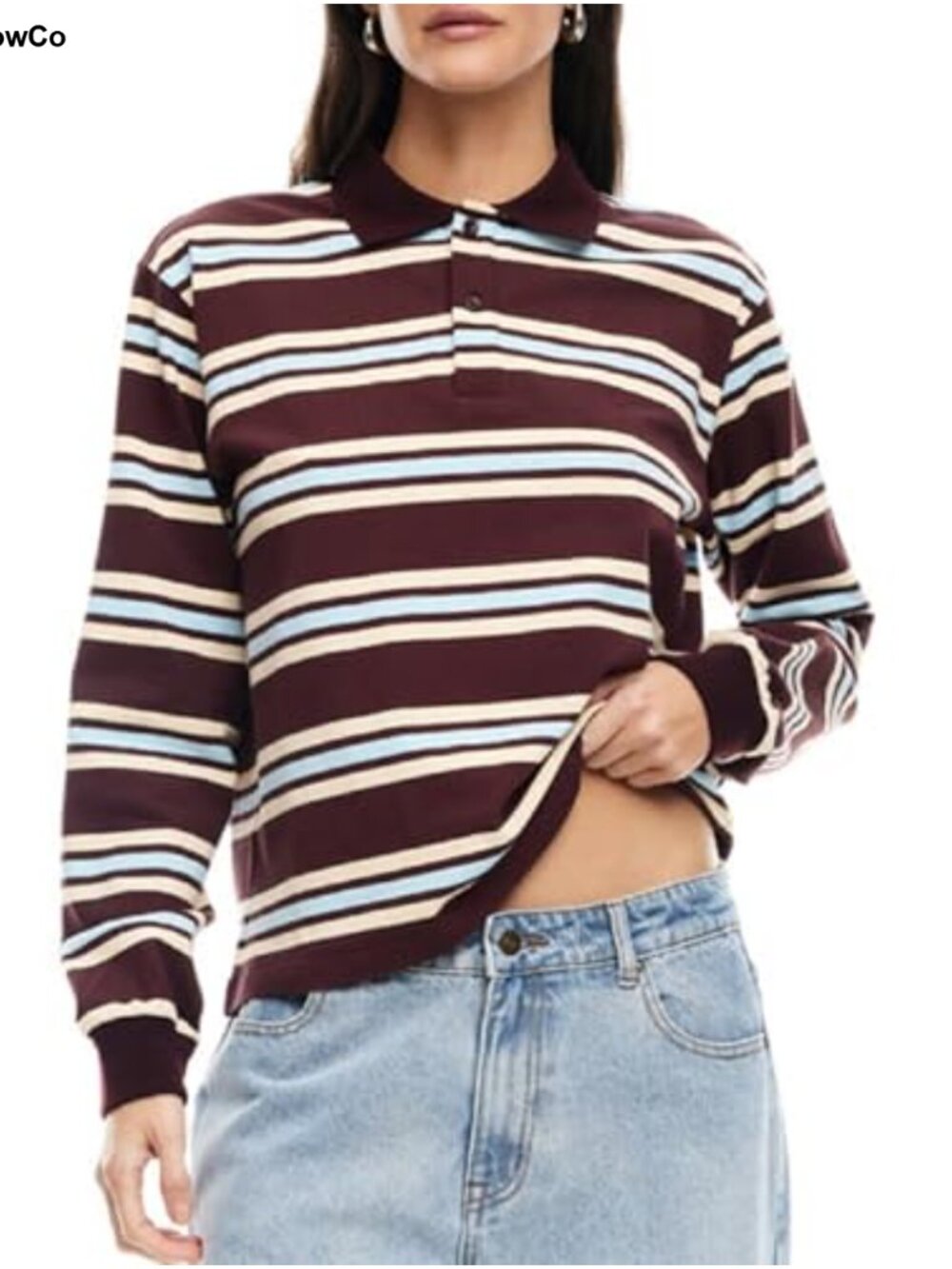 Y2K Striped Rugby Long Sleeve Collared Polo Sweatshirt Women Preppy Oversized